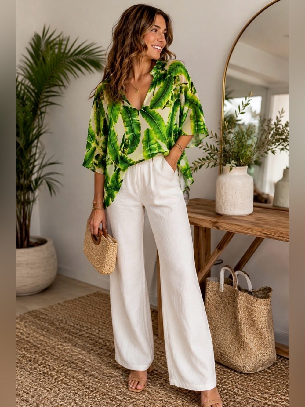 Alice + Olivia Green Leaf Print V-Neck Top